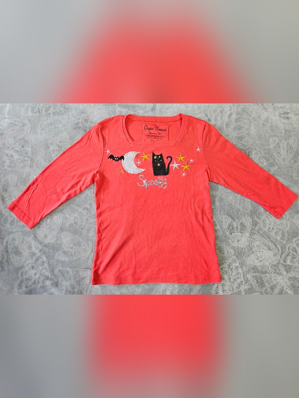0214 Onque Casuals Halloween Black Cat Moon Bat Spooky Rhinestone Top Small
